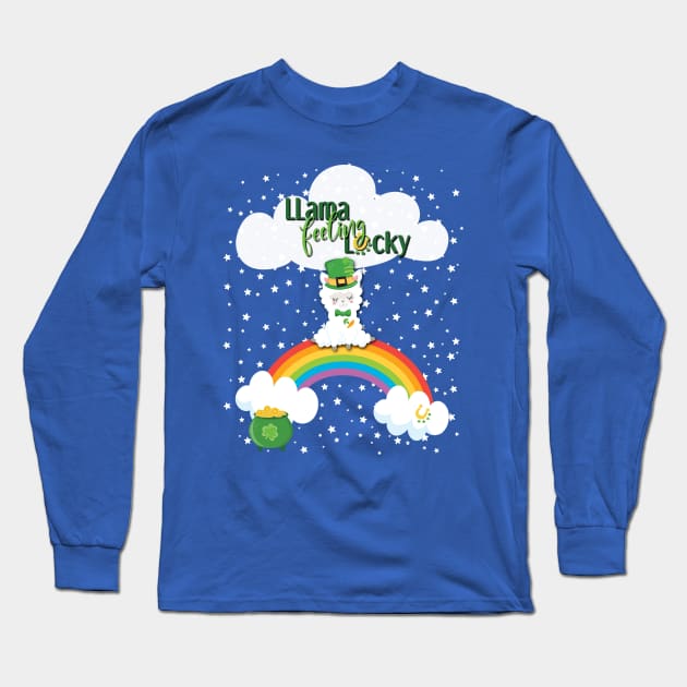 St. Patrick's Day Llama Feeling Lucky , Rainbow, Clouds & Stars on Green Long Sleeve T-Shirt by karenmcfarland13